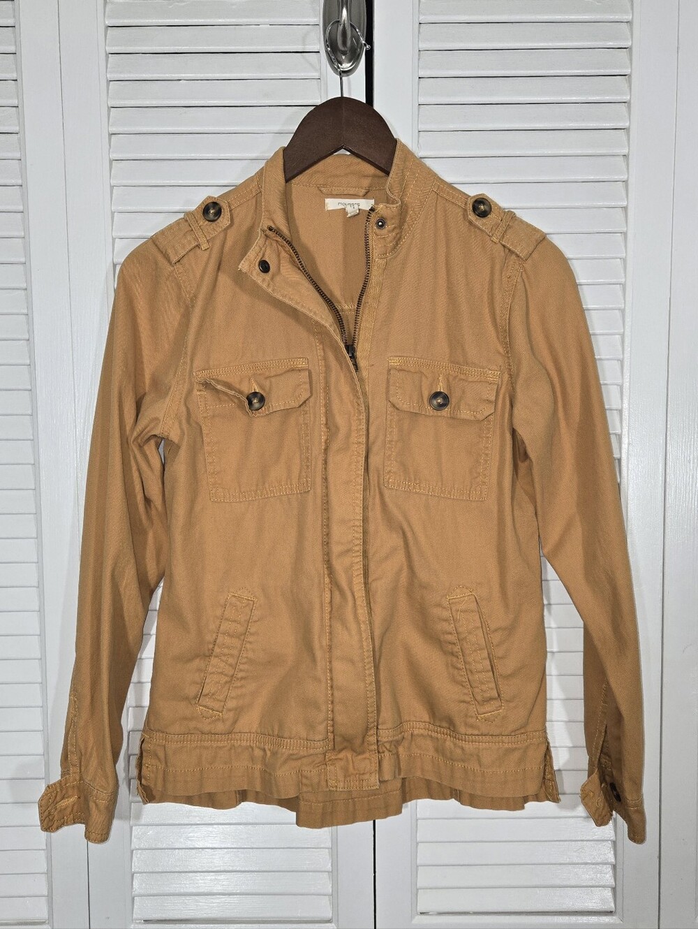Maurices Ruffle Back Mustard Stand Up Collar Flap Pockets Utility Jacket Sz XS